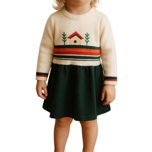 Vintage Renzo Baby Toddler Girl’s Dress Cottage Scene Sweater Top Skirt 12–18M